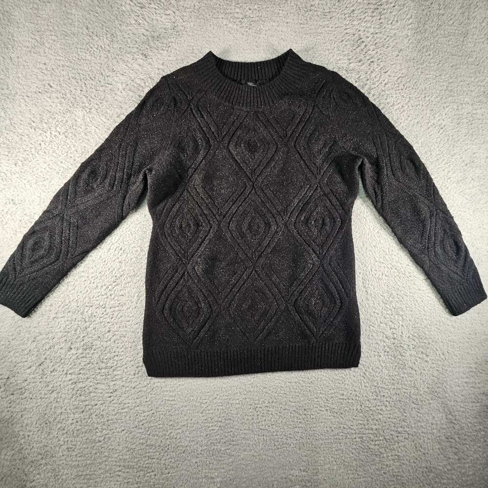 Talbots‎ Sweater Womens M Black Argyle Diamond Print Cable Knit Metallic Preppy